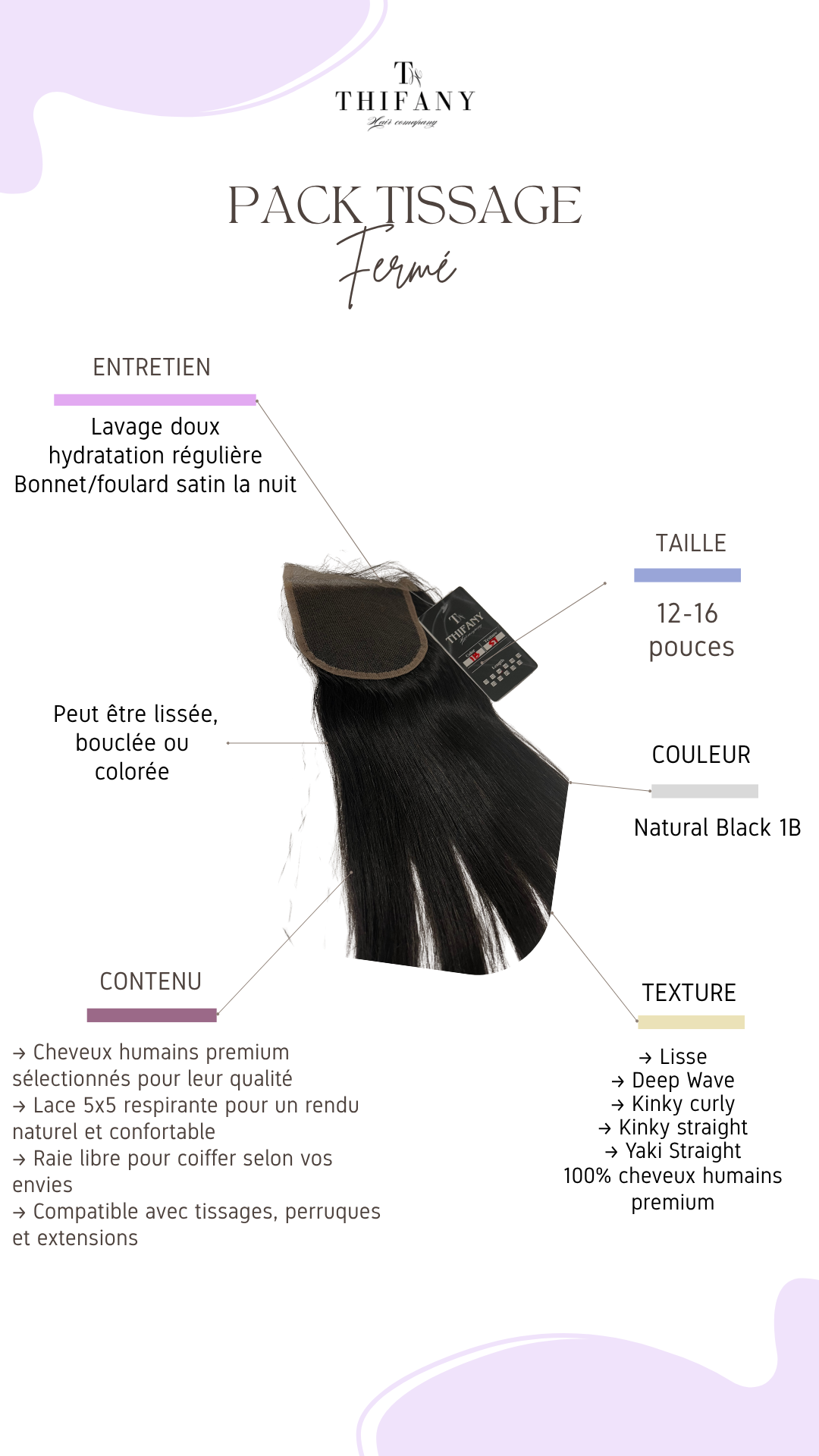 HD Lace Closure 5x5 – Cheveux humains naturels | 12 pouces & 16 pouces - Thifany Hair Company